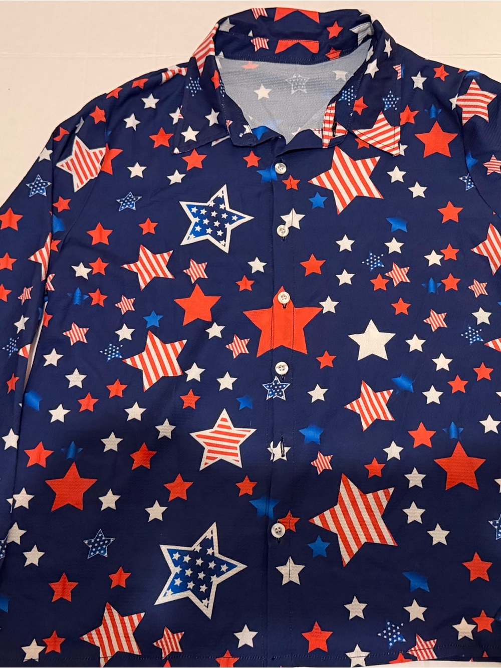 #106 XL Navy Blue Star-Print Blouse - Red & White Stars